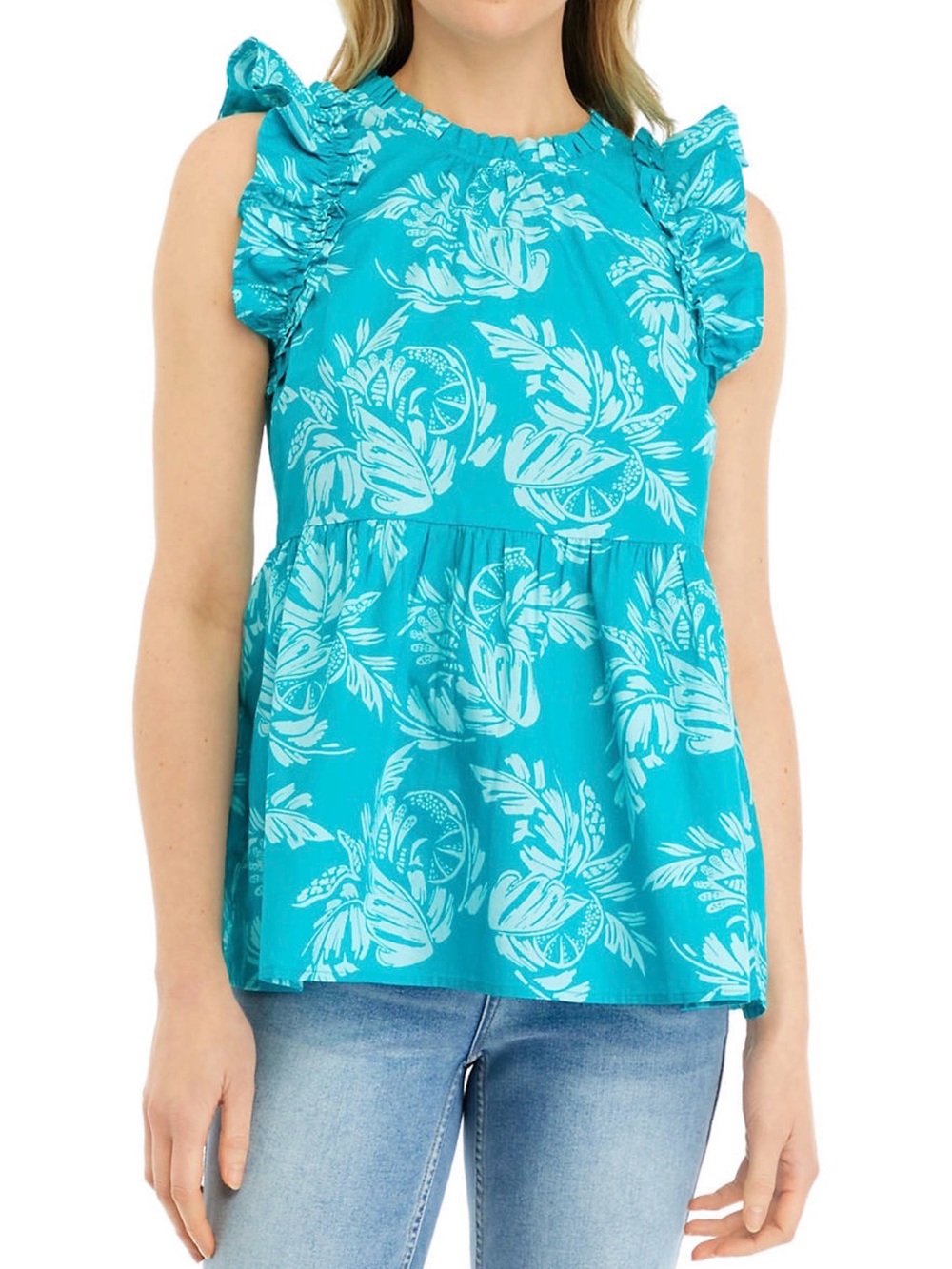 crown & ivy Turquoise Floral Ruffle-Sleeve Camisole